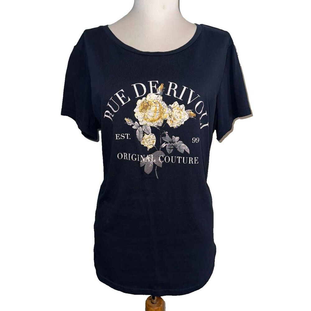 CCX by City Chic Navy Blue 'Rue de Rivoli' Roses Graphic T-Shirt Size XXS/12